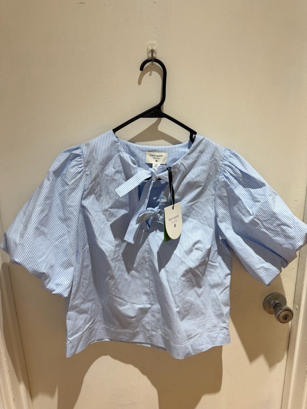 kate spade Light Blue Pinstripe Tie-Neck Puff Sleeve Blouse